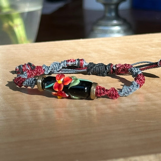 Garnet Fog | Lampwork Glass Flower Bracelet on Burgundy & Gray Woven Cotton Cord