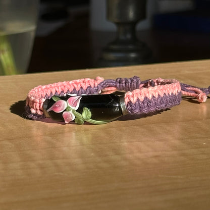 Blush Plum | Lampwork Glass Flower Bracelet on Coral Pink & Plum Woven Cotton Cord
