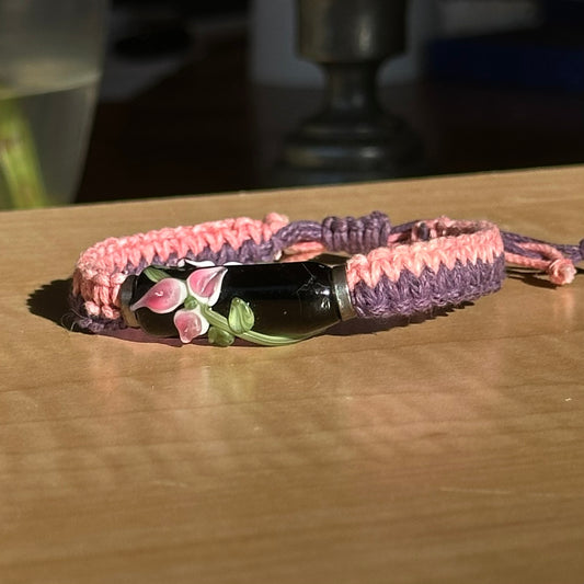 Blush Plum | Lampwork Glass Flower Bracelet on Coral Pink & Plum Woven Cotton Cord