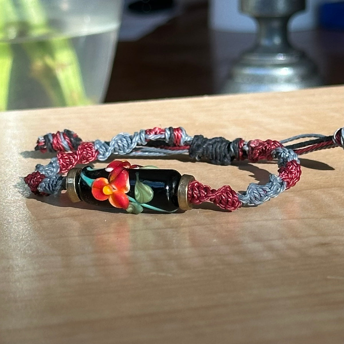Garnet Fog | Lampwork Glass Flower Bracelet on Burgundy & Gray Woven Cotton Cord
