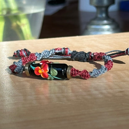 Garnet Fog | Lampwork Glass Flower Bracelet on Burgundy & Gray Woven Cotton Cord
