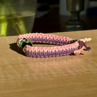 Blush Plum | Lampwork Glass Flower Bracelet on Coral Pink & Plum Woven Cotton Cord