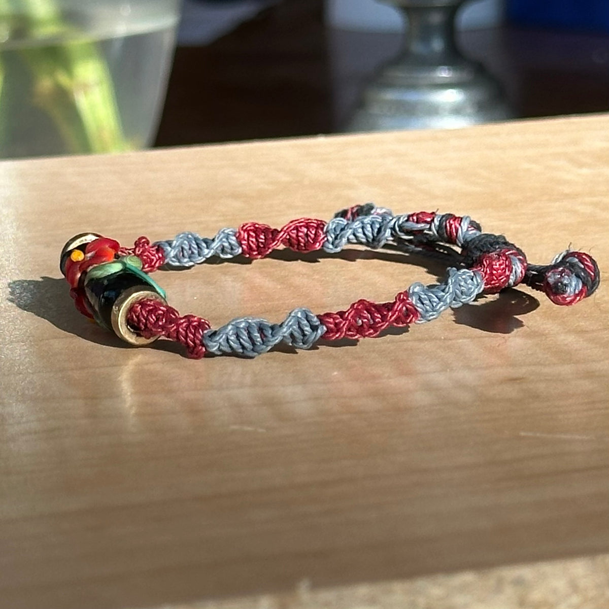 Garnet Fog | Lampwork Glass Flower Bracelet on Burgundy & Gray Woven Cotton Cord