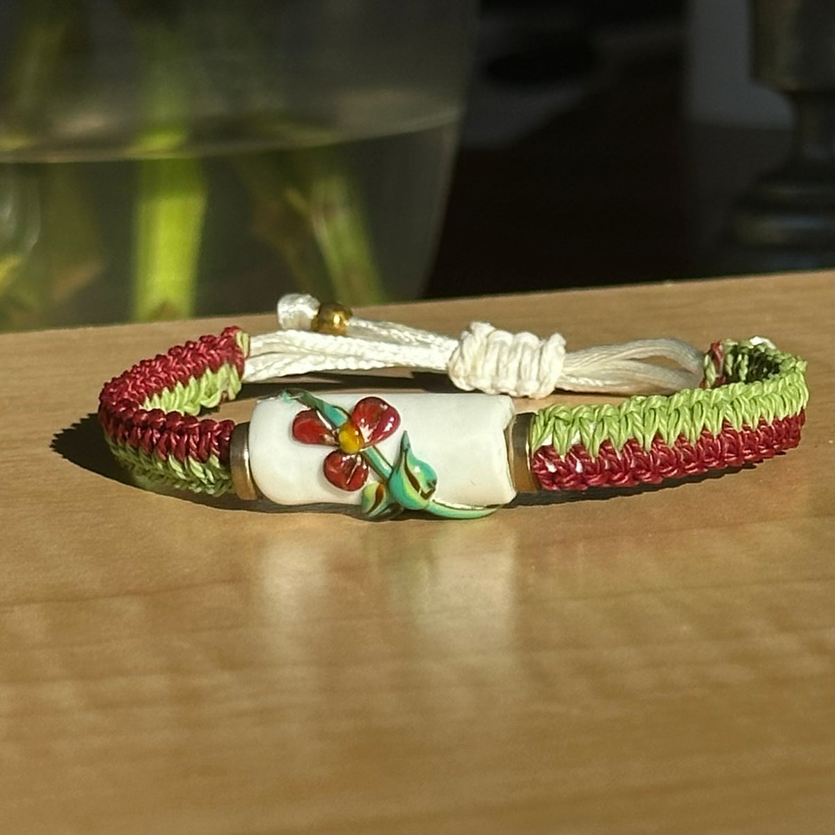 Cranberry Lime | Lampwork Glass Flower Bracelet on Burgundy & Lime Green Woven Cotton Cord