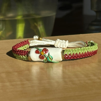Cranberry Lime | Lampwork Glass Flower Bracelet on Burgundy & Lime Green Woven Cotton Cord