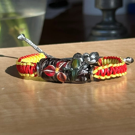 Pomegranate Smoke | Lampwork Glass Flower Bracelet on Red & Lemon Yellow Woven Cotton Cord