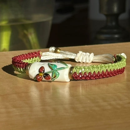 Cranberry Lime | Lampwork Glass Flower Bracelet on Burgundy & Lime Green Woven Cotton Cord