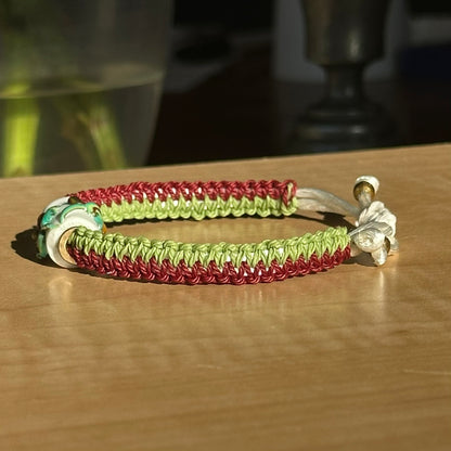 Cranberry Lime | Lampwork Glass Flower Bracelet on Burgundy & Lime Green Woven Cotton Cord