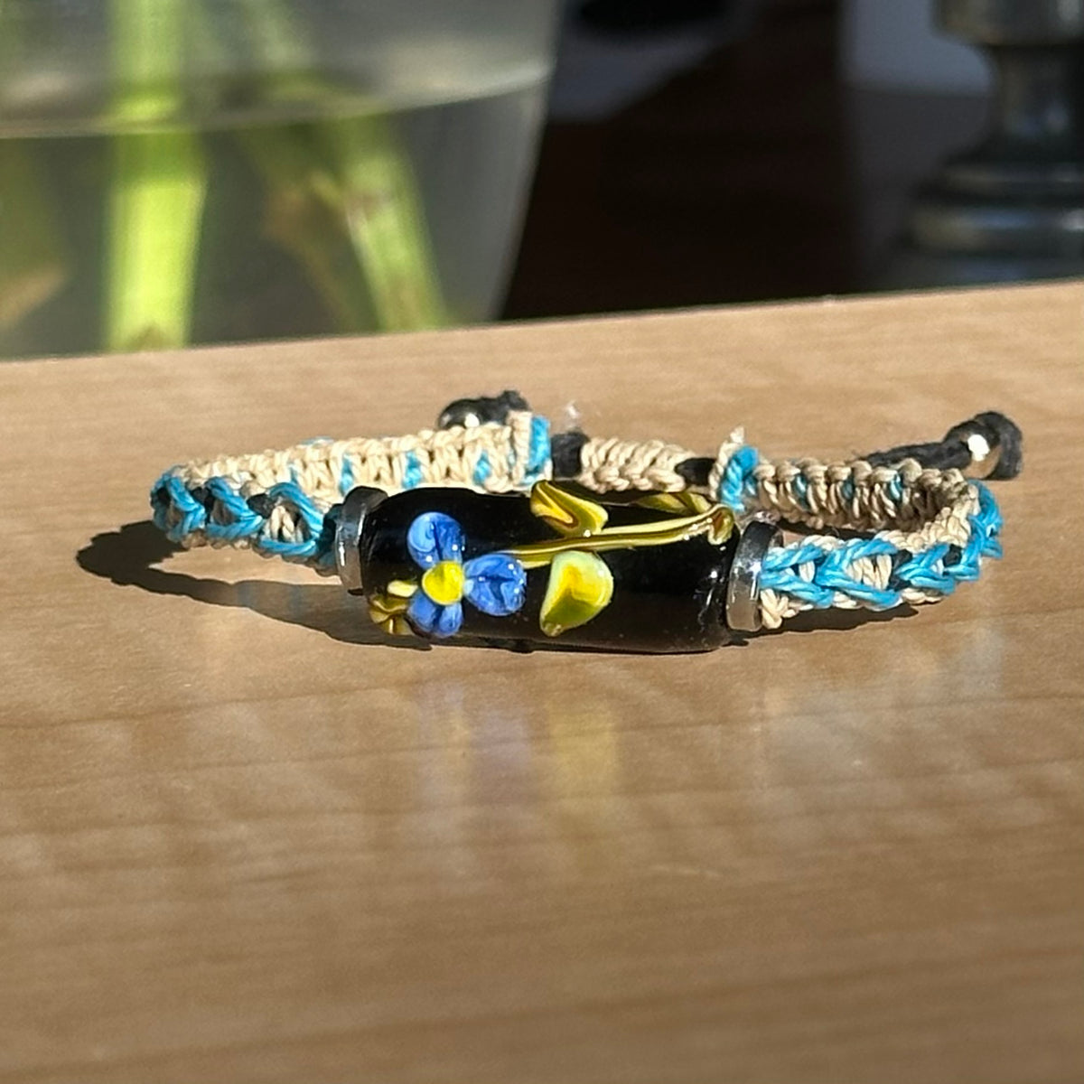 Dune Cornflower | Lampwork Glass Flower Bracelet on Sand & Sky Blue Woven Cotton Cord