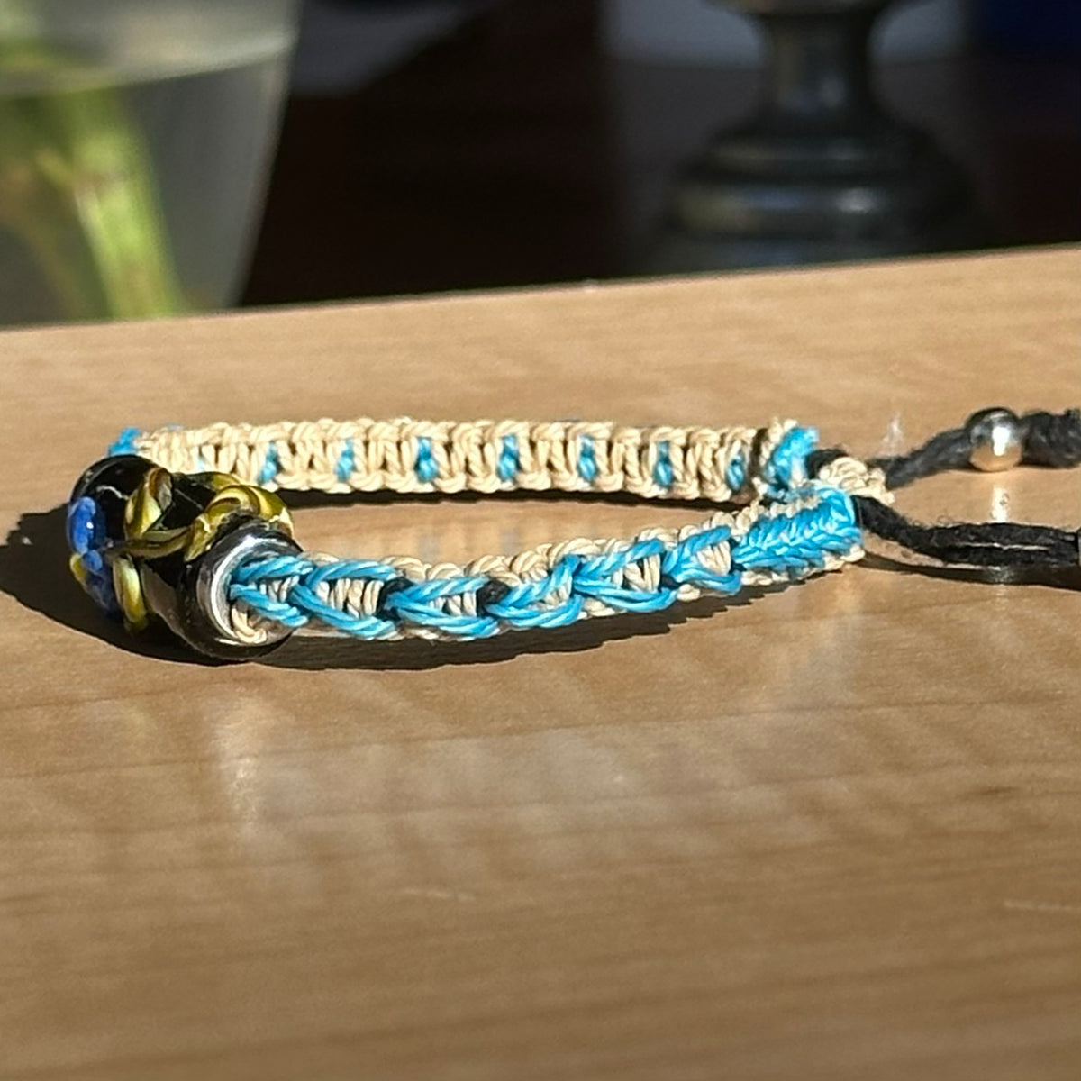 Dune Cornflower | Lampwork Glass Flower Bracelet on Sand & Sky Blue Woven Cotton Cord