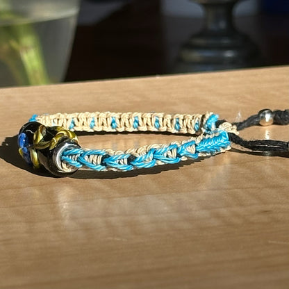Dune Cornflower | Lampwork Glass Flower Bracelet on Sand & Sky Blue Woven Cotton Cord
