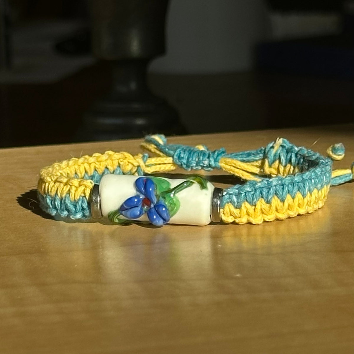 Lagoon Delphinium | Lampwork Glass Flower Bracelet on Teal & Yellow Woven Cotton Cord