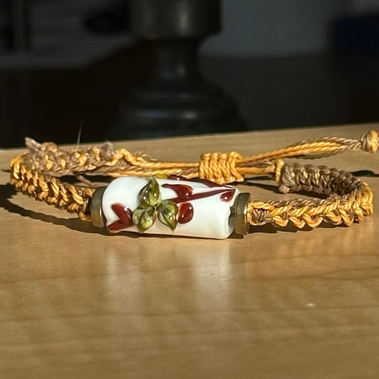 Harvest Bramble | Lampwork Glass Flower Bracelet on Mustard & Tan Woven Cotton Cord