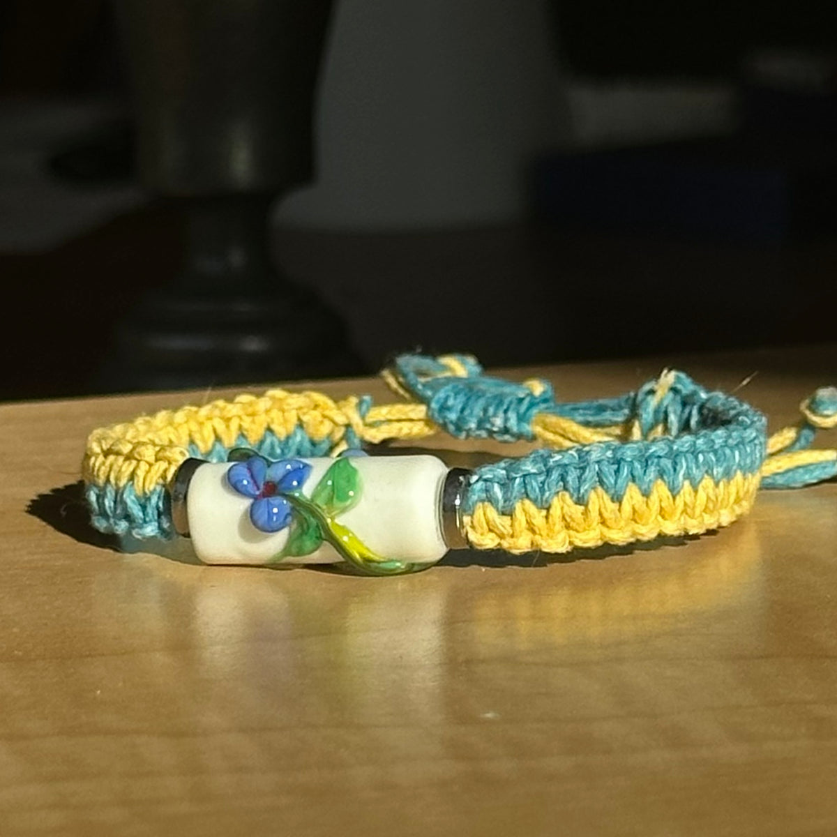 Lagoon Delphinium | Lampwork Glass Flower Bracelet on Teal & Yellow Woven Cotton Cord