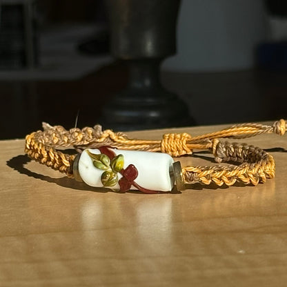 Harvest Bramble | Lampwork Glass Flower Bracelet on Mustard & Tan Woven Cotton Cord