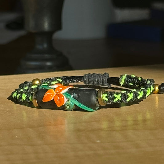 Voltage Lily | Lampwork Glass Flower Bracelet on Neon Lime & Black Woven Cotton Cord